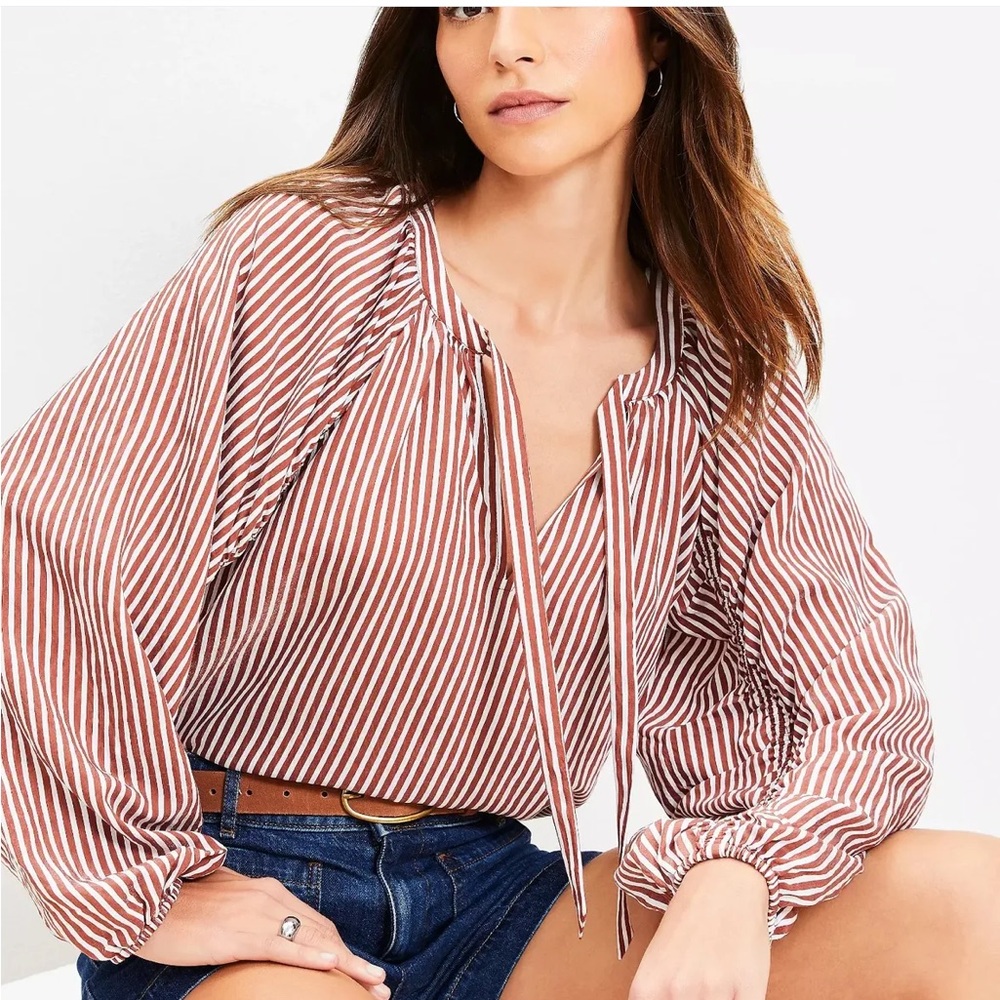 LOFT Rust Brown & White Striped Long Balloon Sleeve Peasant Split Neck Blouse S